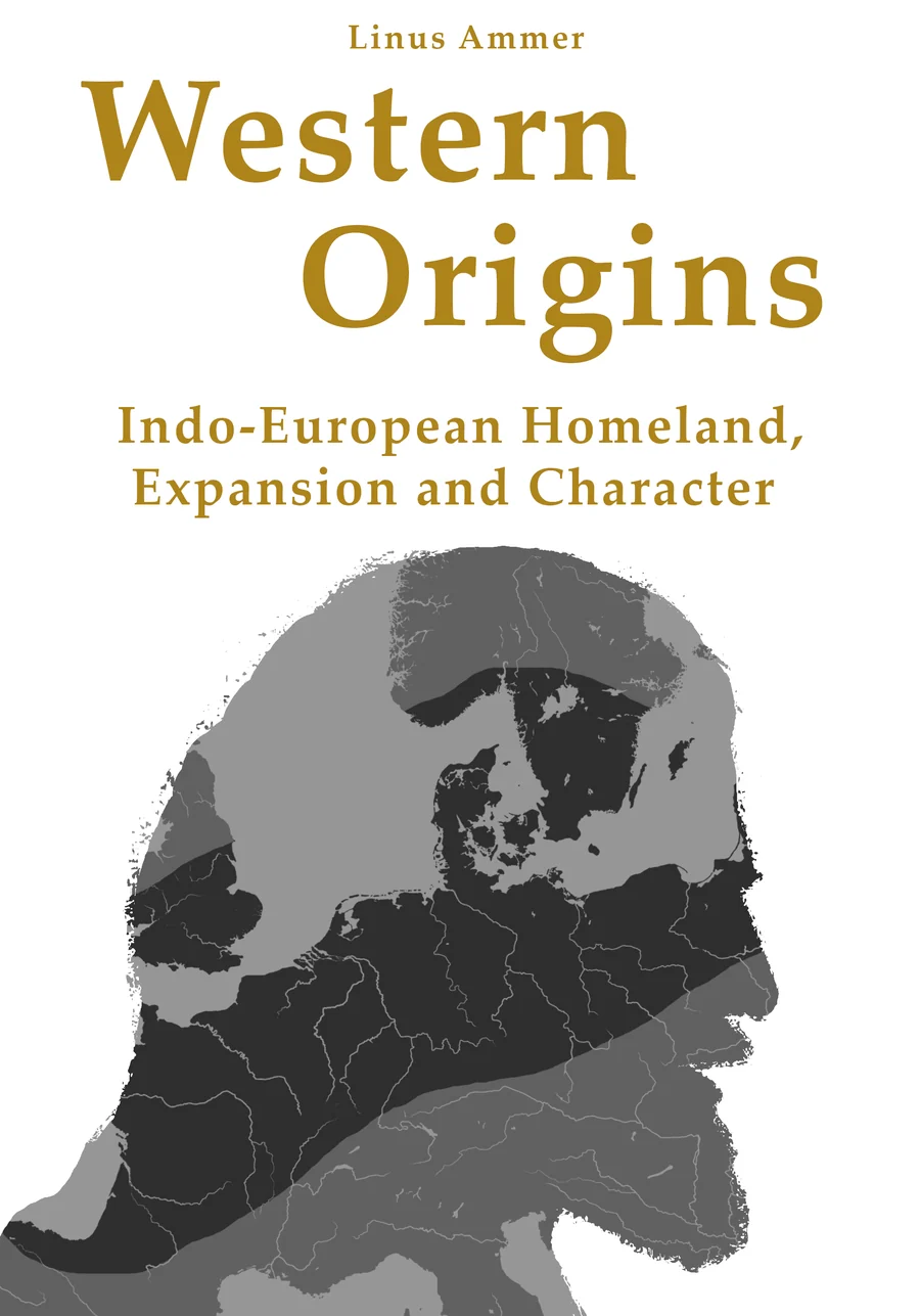 Front cover of Western Origins by Linus Ammer: the title in gold above a human head in profile, filled with a map of the North Sea, the Baltic and the North European Plain.